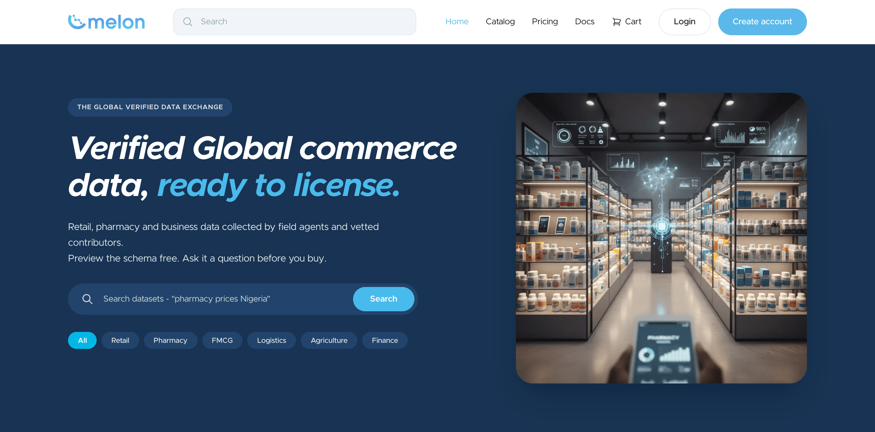 Melon Data Marketplace home page: search verified datasets by sector